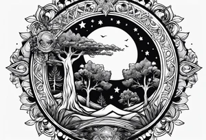 Sun and moon and fire forrest tattoo idea