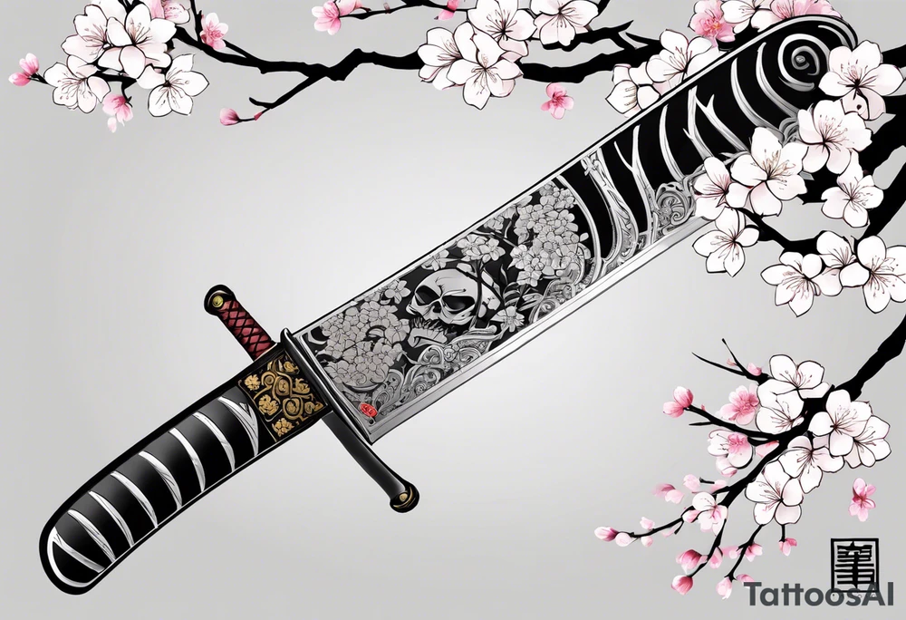 a katana with a sakura tree behind it and written on the blade of the sword it says Non ducor, duco tattoo idea