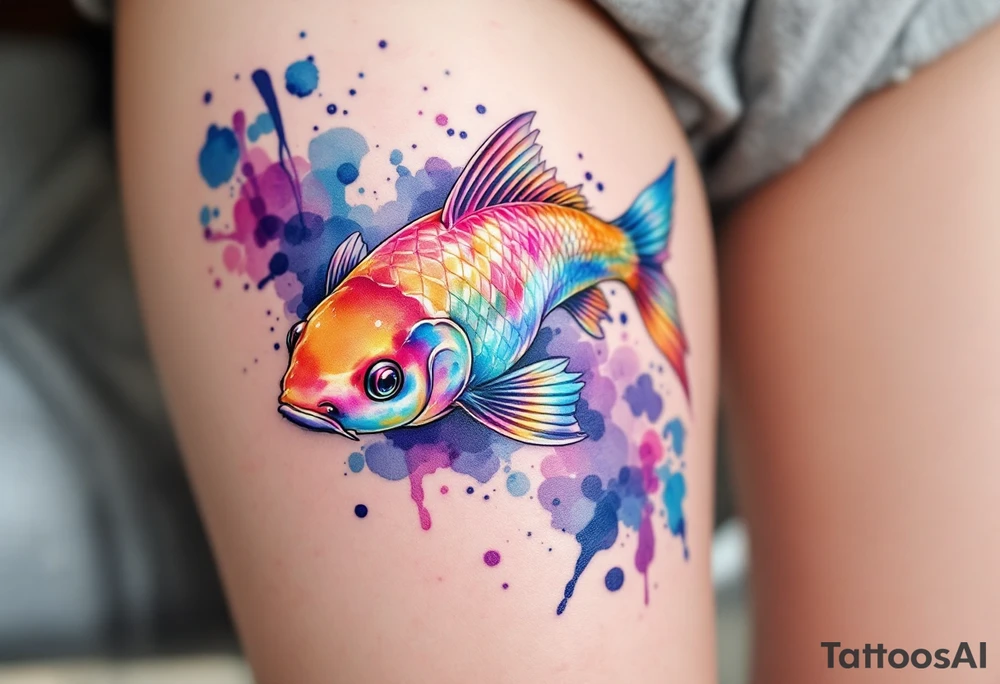Iridescent Koi in Abstract Water – A rainbow-toned koi with shimmering scales, set in an abstract watercolor splash of blues and purples. tattoo idea
