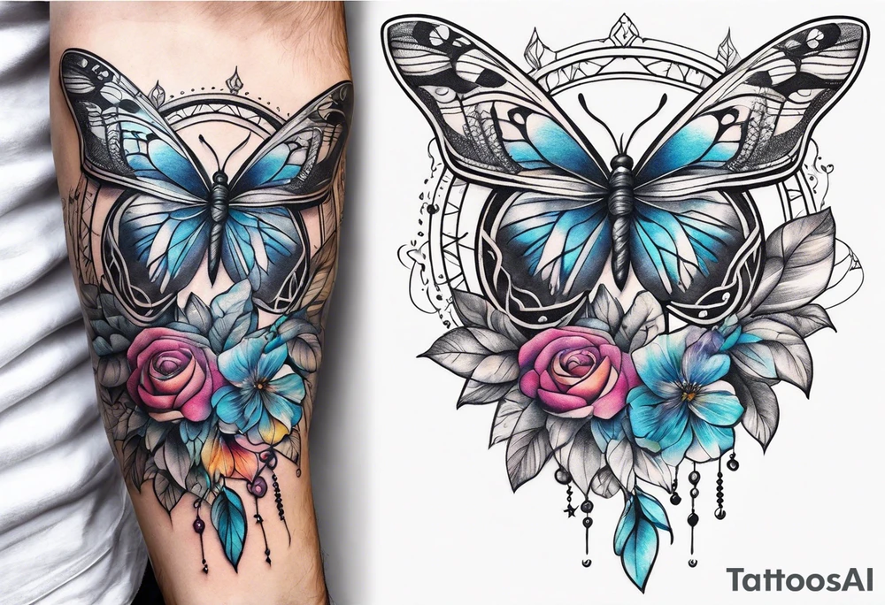 arm sleeve with dreamcatcher, rainbow flowers and one butterfly tattoo idea