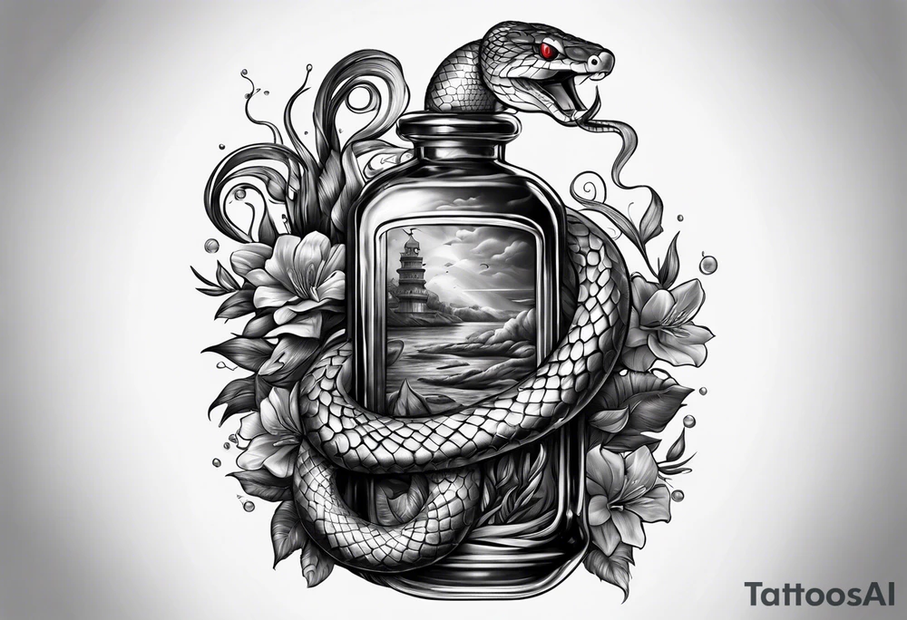 Snake in a bottle of oil tattoo idea