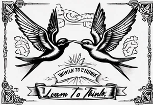 One Sketch of two swallows holding the inscription "learn to think, without consequences" in the traditional tattoo style tattoo idea
