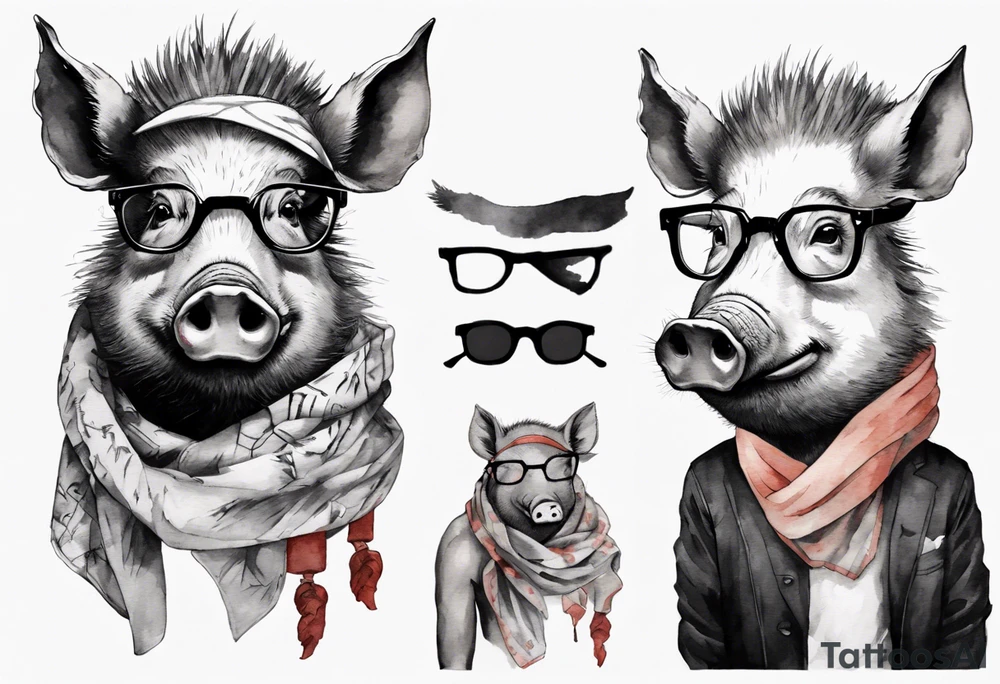 a wild boar wearing spectacles and a scarf tattoo idea