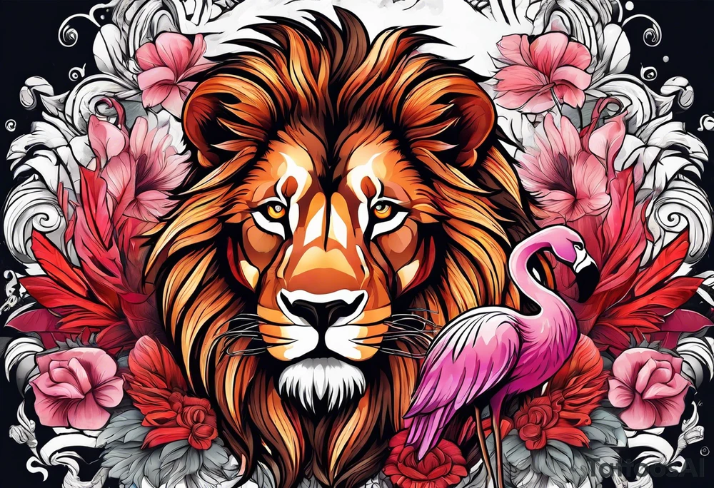 powerful majestic lion, eating a flamingo with feathers and blood and guts tattoo idea