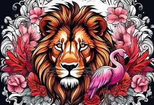 powerful majestic lion, eating a flamingo with feathers and blood and guts tattoo idea