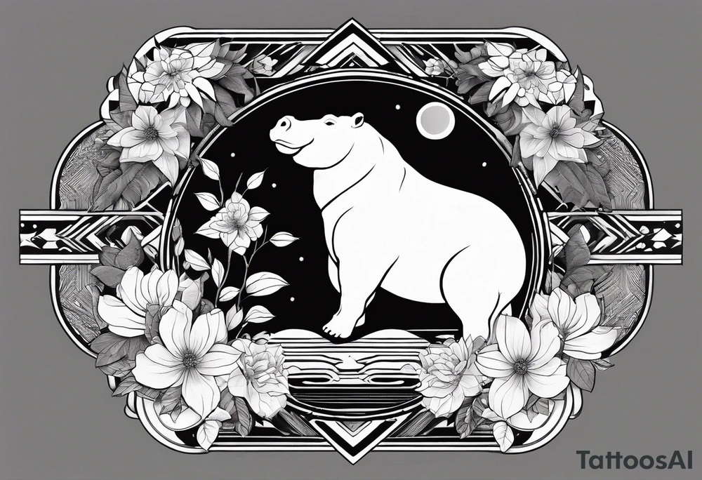 Very asymmetrical, +geometric pattern, with realistic full moon, with seeious looking hippo, +zen feel, + Buddhism touch, +tribal, +geometric
with wintersweet flower bud, +portrait orientation, +inkart touch, tattoo idea