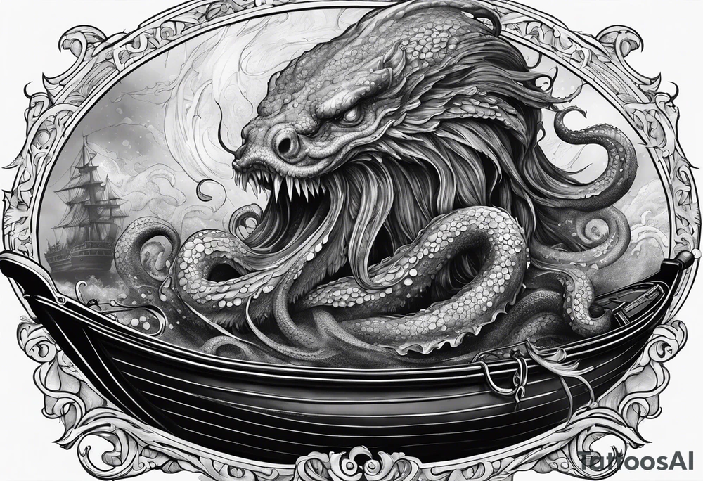Kraken from underworld breaking boat. tattoo idea