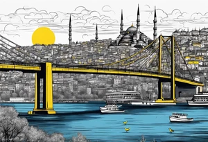 Istanbul bridge with blue details and behind them a big yellow canary tattoo idea