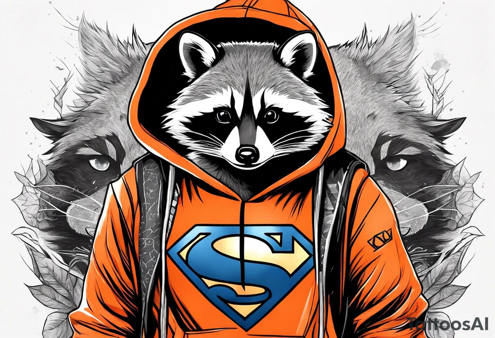 Raccoon wearing an orange Superman hoodie tattoo idea