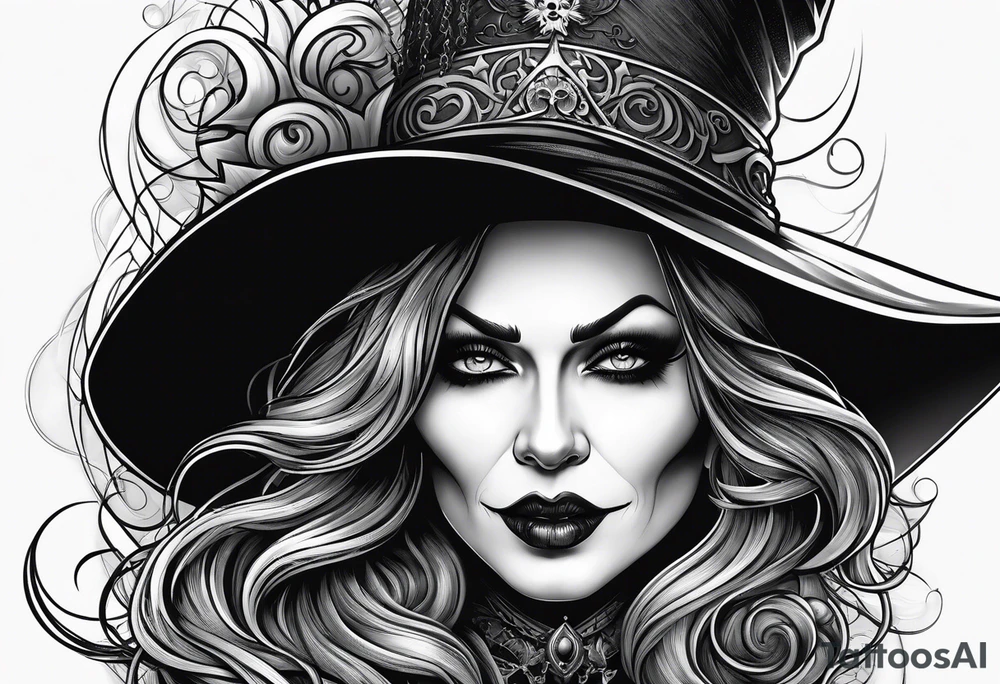 wicked witch face with just skull hair and hat tattoo idea