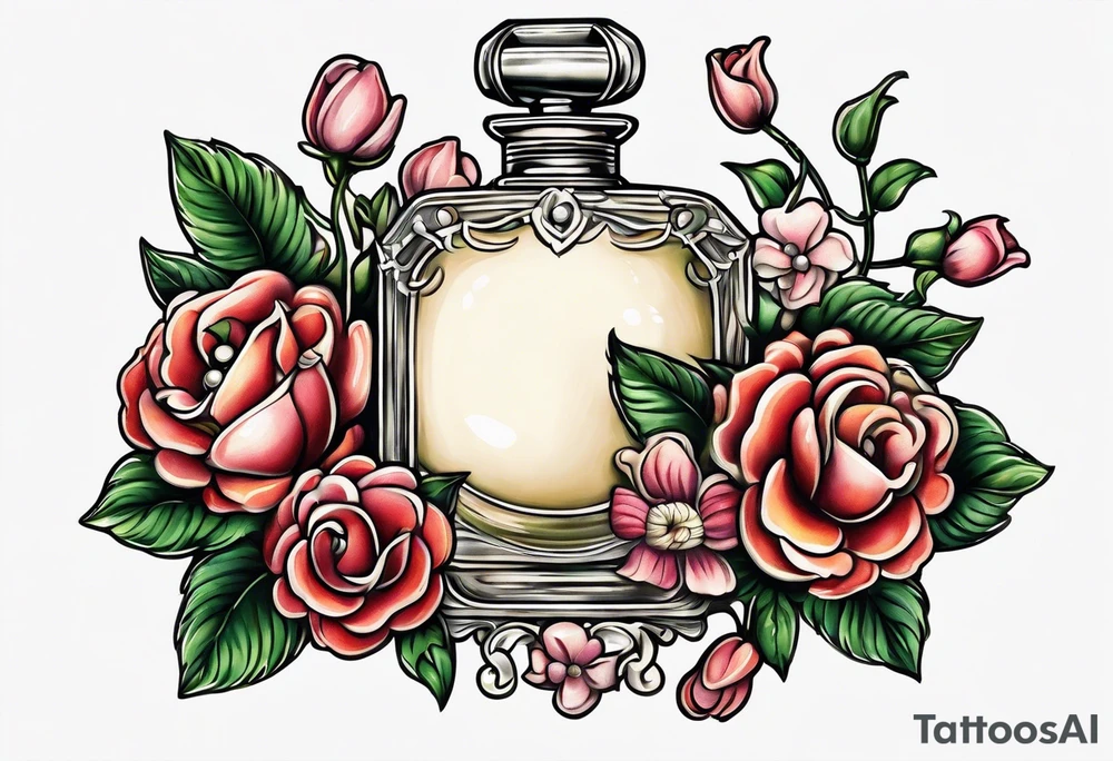 Pearl necklace wrapped around 1950s perfume bottle with flowers and bows surrounding tattoo idea