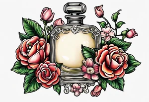 Pearl necklace wrapped around 1950s perfume bottle with flowers and bows surrounding tattoo idea