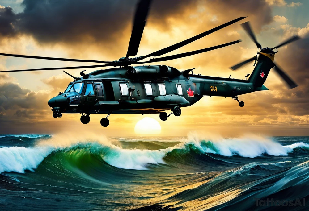 A cinematic-style tattoo depicting a Canadian military CH-148 Cyclone helicopter performing a daring maneuver over a turbulent ocean. The sky should be filled with dramatic clouds, and the sun should be setting, casting long shadows. The helicopter should be the main focus, with intricate details and a sense of motion. In the background, a poppy should be prominently displayed, and a quote from 'Lest We Forget' should be included, black and white tattoo tattoo idea
