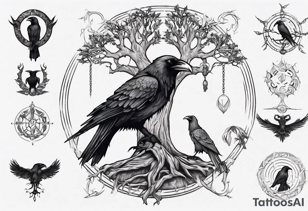 odin's ravens sitting on yggdrasil tattoo idea