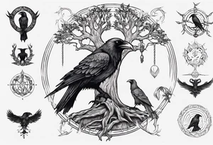 odin's ravens sitting on yggdrasil tattoo idea