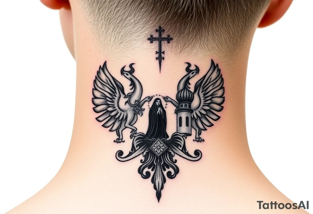 Traditional authentic Russian coat of arms with a Christian orthodox virgin marry in the middle and silhouette in a Russian wilderness Christian orthodoxy dome church village setting tattoo idea