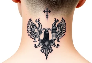 Traditional authentic Russian coat of arms with a Christian orthodox virgin marry in the middle and silhouette in a Russian wilderness Christian orthodoxy dome church village setting tattoo idea