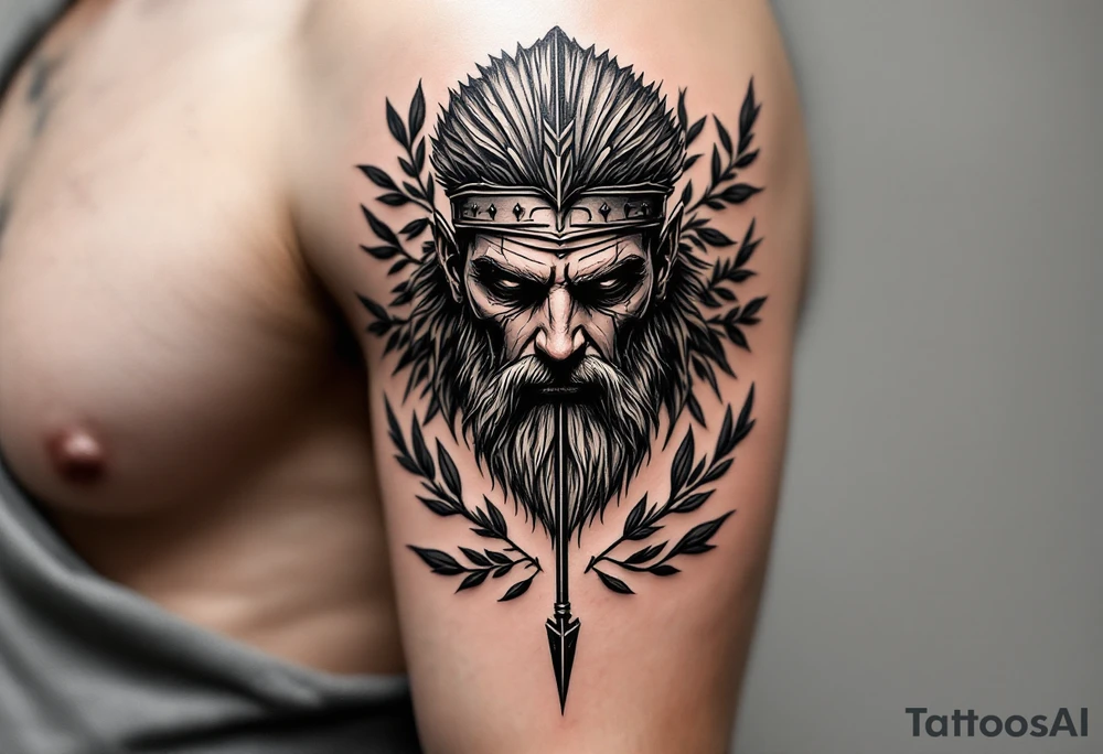 mythological warrior that under the face come down a long arrow and surrounded by a olive tree leaf around tattoo idea