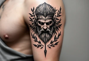 mythological warrior that under the face come down a long arrow and surrounded by a olive tree leaf around tattoo idea