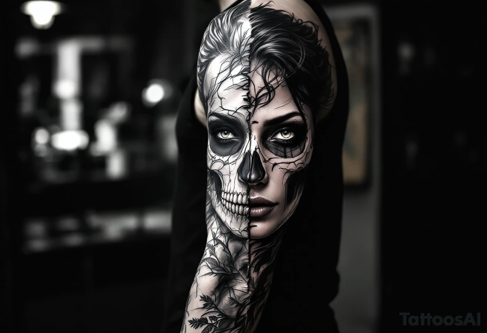 Half female half skull portrait tattoo tattoo idea