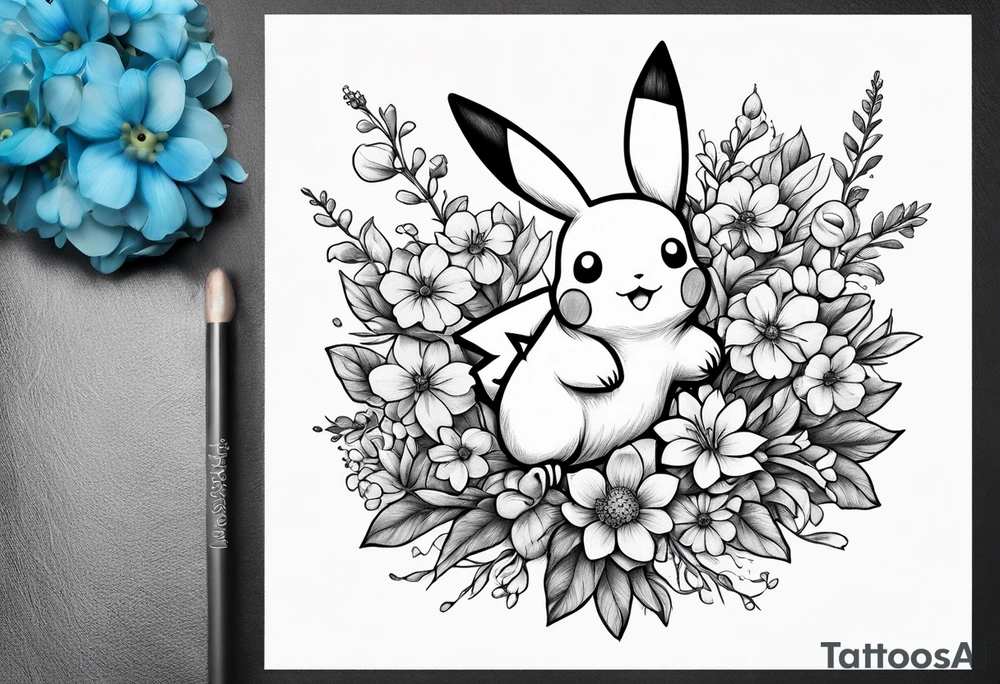 A loose bouquet of forget me knots and cute pikachu at the bottom Holding the bouquet tattoo idea
