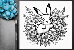 A loose bouquet of forget me knots and cute pikachu at the bottom Holding the bouquet tattoo idea