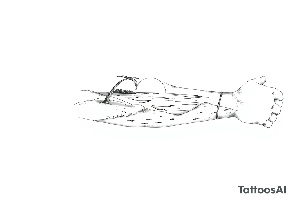 fine line, peaceful, serene, timeless, ocean, sand, palm tree, sun tattoo idea