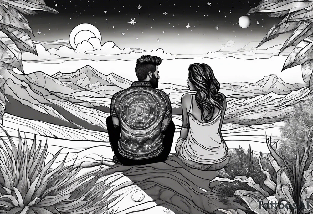 woman and man sitting in Arizona desert looking at the galaxy tattoo idea