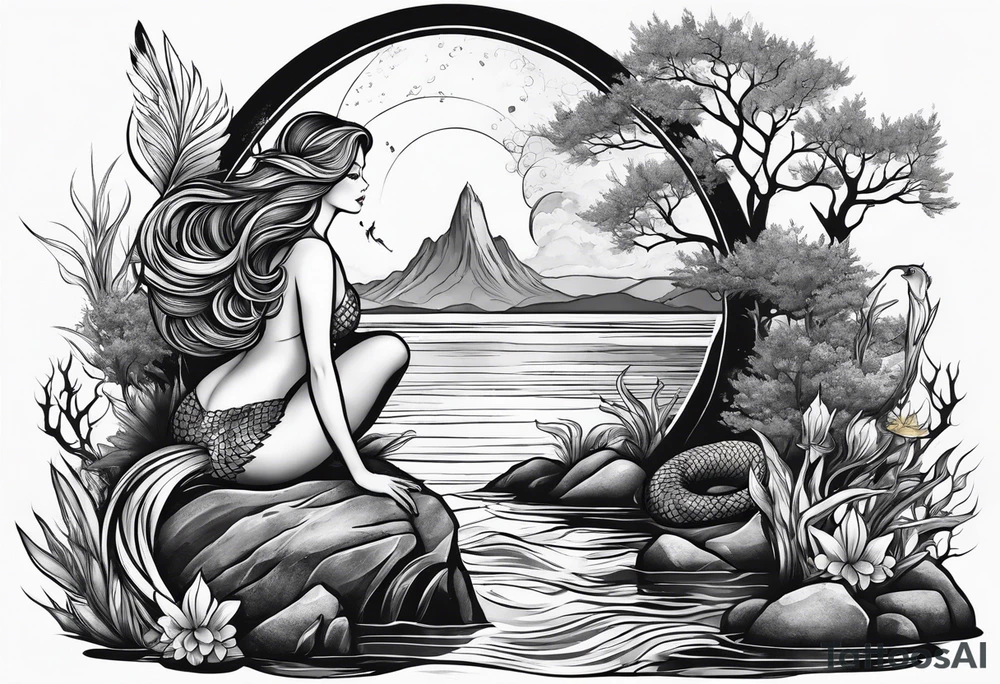 Mermaid on a rock in a bayou at night tattoo idea