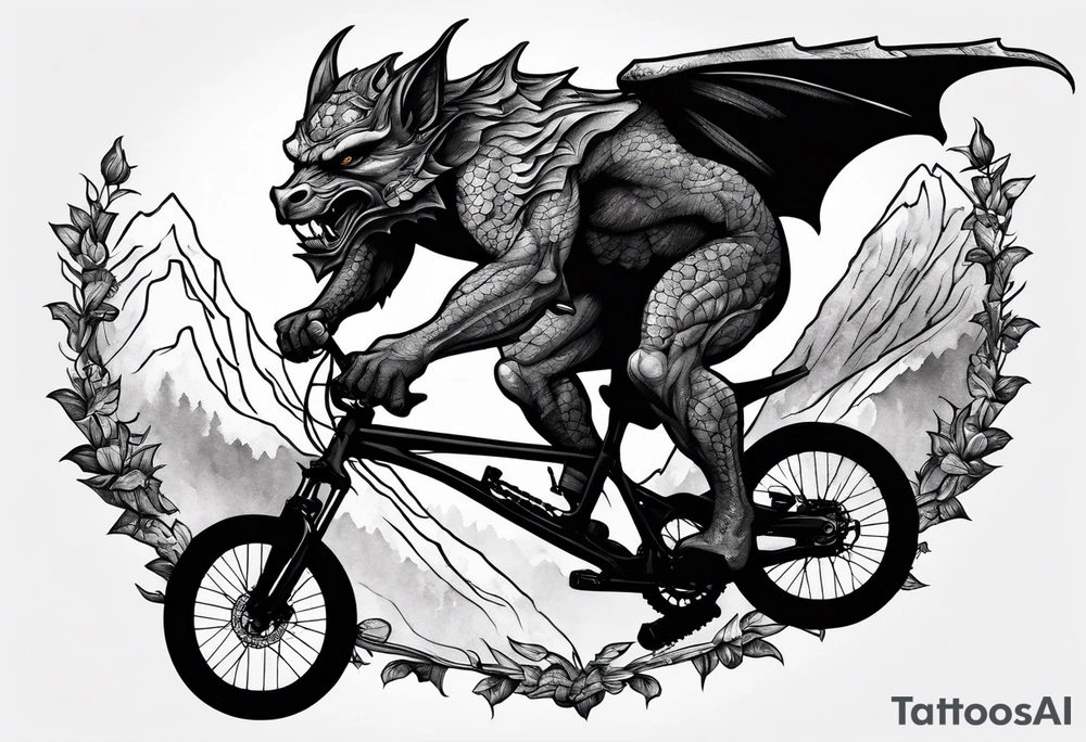 gargoyle riding a full suspension mountain bike with a shadow no background tattoo idea