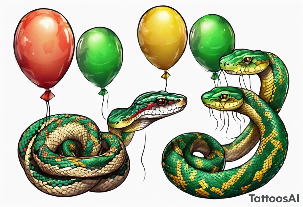 african python with colored ballons aside and a green stone on the other side tattoo idea
