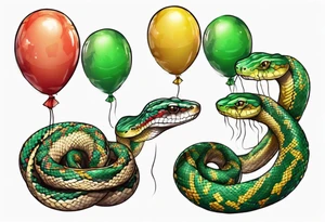 african python with colored ballons aside and a green stone on the other side tattoo idea