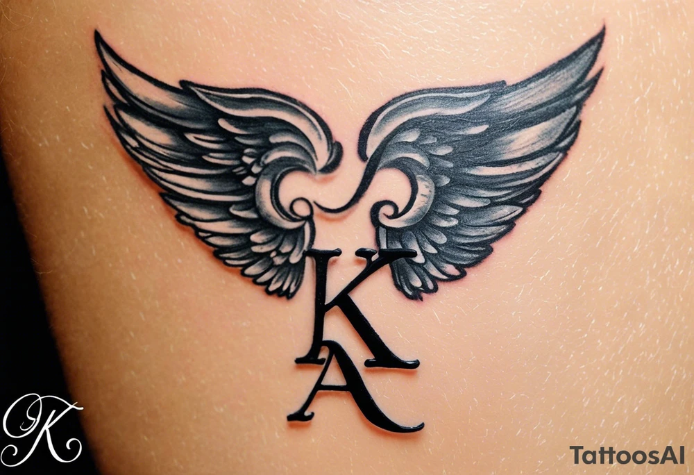 Imagine a pair of angel wings with a small halo above them. Below the wings, you could have the initials "K", "A", and "S" in a flowing script, as if they’re gently floating beneath the wings. The halo could symbolize the divine connection and the wings represent protection, while the initials highlight your tribute to your loved ones. tattoo idea
