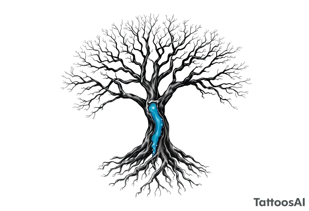 Black and white deciduos Tree with roots. Blue water inside the whole tree like many thin veins, flows from the brunches to the roots tattoo idea