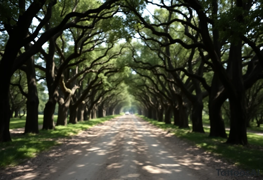 Tree lined dirt road. Road is rough, not smooth. Trees are oak, lining the road unevenly, tight so little light gets through. Branches arch across the road, some meeting in the middle. Dappled sunlight where it hits. Road gets smaller in the distance. Display tattoo on upper arm. tattoo idea