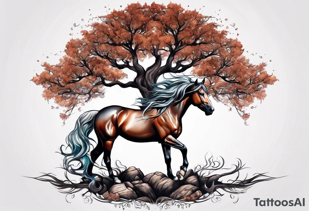 Realistic Horse and Yggdrasil tree tattoo idea
