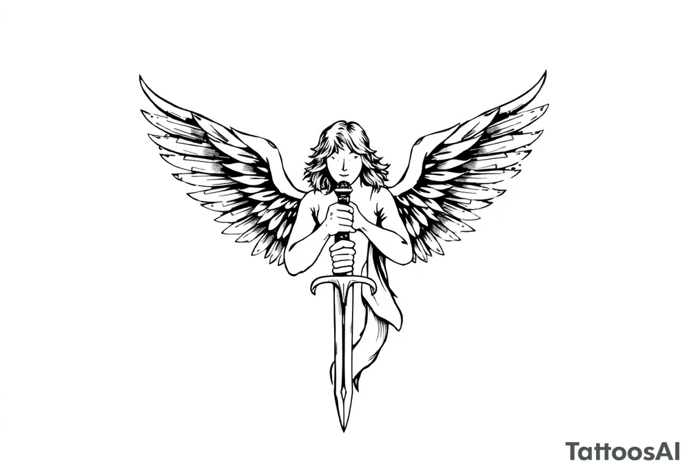 Angel with two wings that are covering its face, two wings covering its feet, and two flying out at its sides while the angel holds a sword tattoo idea