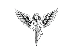 Angel with two wings that are covering its face, two wings covering its feet, and two flying out at its sides while the angel holds a sword tattoo idea