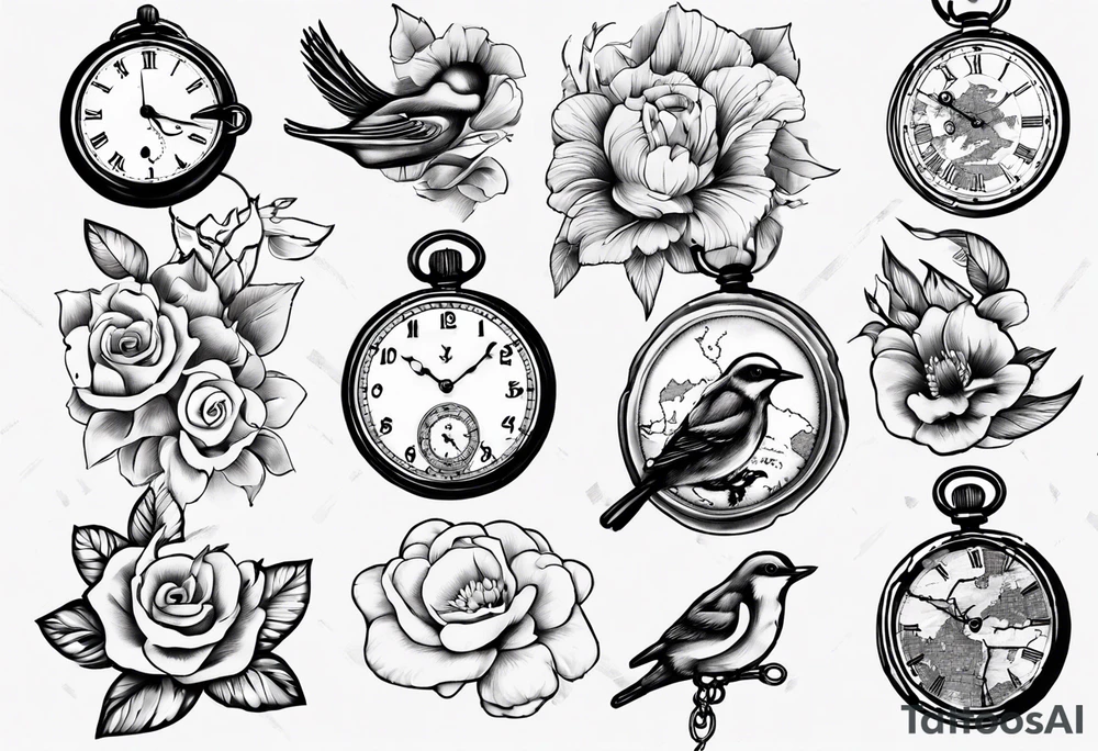 pocket watch, map , flower , bird tattoo idea