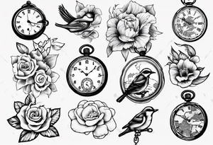 pocket watch, map , flower , bird tattoo idea