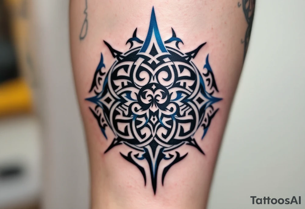 With spirals of cobalt and charcoal, this Celtic sun combines sky and shadow on the upper arm. tattoo idea