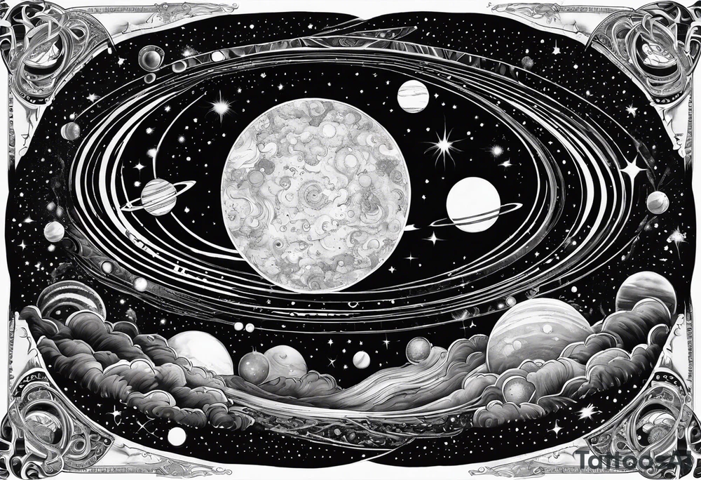 A tattoo featuring a cosmic scene with planets, black holes, and supernovae intertwined with intricate linguistic symbols, reflecting the client's interests in cosmology and linguistics. tattoo idea