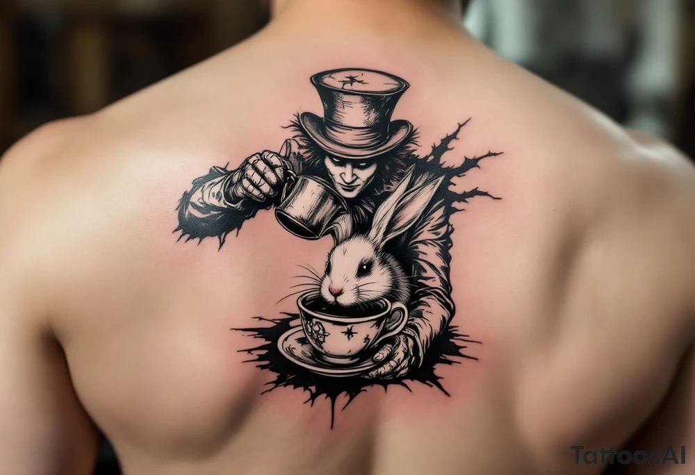 The mad hatter pouring a cup of 
tea into the white rabbits open brain tattoo idea