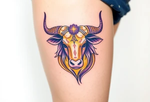 Powerful Taurus tattoo with purple and yellow tattoo idea