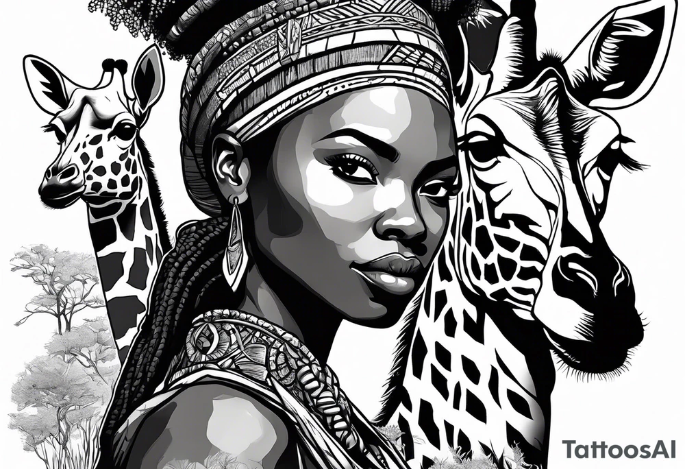 African woman warrior holding a spear with birds in the background and giraffe tattoo idea