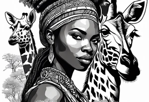 African woman warrior holding a spear with birds in the background and giraffe tattoo idea