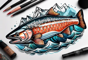 salmon fish designed with mountains and rivers within the body of the salmon tattoo idea