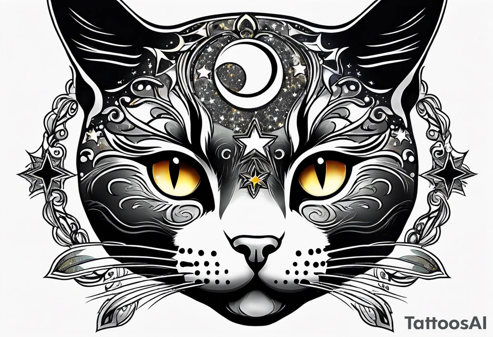 Photo realistic black cat head with moon and stars tattoo idea