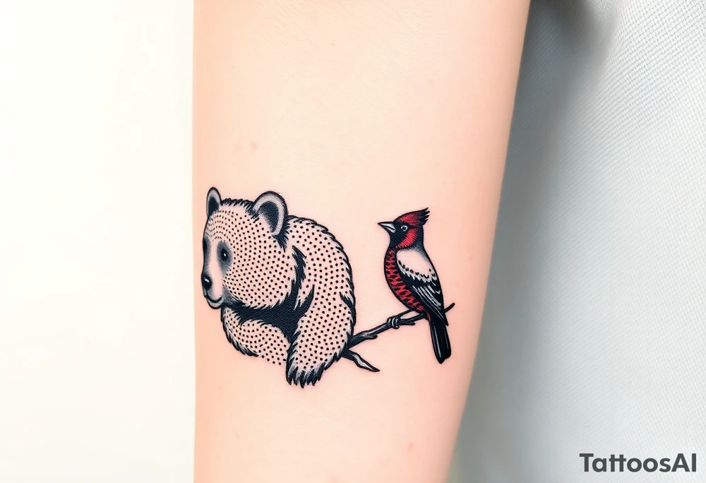A bear, woodpecker and cardinal tattoo idea