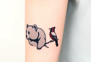 A bear, woodpecker and cardinal tattoo idea